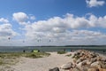 Lots of kite surfing activity at the Baltic Sea beach of Laboe i Royalty Free Stock Photo