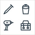 laboor and tools line icons. linear set. quality vector line set such as toolkit, drill, bucket