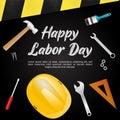 Labor day background with brush paint writing and many tools