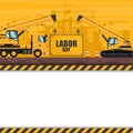 Labor day card with telescopic crane heavy machinery carrying banner. Industrial banner with copy space for text