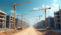 Labor Day construction site buzzes with activity under blue sky. Cranes lift materials, workers focus on progress, urban Royalty Free Stock Photo