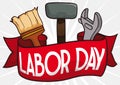 Labor Day Design with Hammer, Wrench and Brush behind Ribbon, Vector Illustration