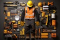 Labor Day Essentials Flat Lay of Workers' Tools. AI Royalty Free Stock Photo