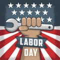 Labor Day flayer. American holiday. Working man holding a tool