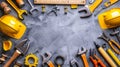 Labor Day Frame Border Background with Construction Tools on Gray Concrete Texture for Celebrating Workers and Industry Royalty Free Stock Photo