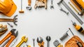 Labor Day Frame Border Background with Tools and Equipment for Construction and Repair on White Surface Royalty Free Stock Photo