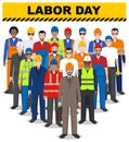 Labor day. Group of worker, builder and engineer standing together on white background in flat style. Working team and