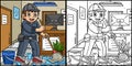 Labor Day Janitor Cleaning Coloring Illustration