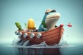 Labor day, mini dino fisherman in boat. Generative AI Royalty Free Stock Photo