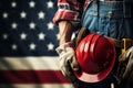 Labor Day mockup Gloved laborer, toolbelt, measure on US flag backdrop exudes dedication