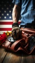 Labor Day mockup Gloved laborer, toolbelt, measure on US flag backdrop exudes dedication