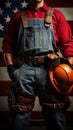 Labor Day mockup Gloved laborer, toolbelt, measure on US flag backdrop exudes dedication