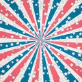 Labor Day or Patriot Day banner. Retro patriotic vector background. Concentric stripes and stars confetti in colors of American