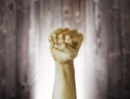 Labor Day photography concept, closeup of the raised fist of a young man