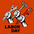 Labor Day, plumbing, garage logo with hand holding hammer, wrench vector inspiration