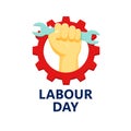 Labor Day. Poster or banner with clenched fist hand with key and gear.