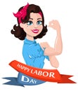 Labor day poster. Pop art strong woman. Symbol of american female power.