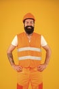 Labor day. Safety apparel for construction industry. Bearded brutal hipster safety engineer. Man engineer protective