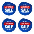 Labor day sale blue stickers set with red ribbon. Sale 10%, 20%, 30%, 40% off