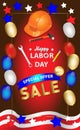 Labor day sale promotion advertising banner template decor with American flag balloons design .American labor day wallpaper.vouche Royalty Free Stock Photo