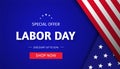 Labor Day Sale web banner design concept with american flag and stars on blue background. Special offer discount up to 50%