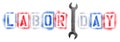 Labor Day text in red, white, and blue spray paint stencils with crescent wrench on white