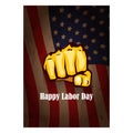 Labor day Usa vertical poster, background or flyer with strong clenched fist isolated on usa flag layout and greeting Royalty Free Stock Photo