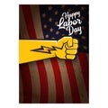 Labor day Usa vertical poster, background or flyer with strong clenched fist isolated on usa flag layout and greeting Royalty Free Stock Photo