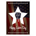 Labor day Usa vertical poster, background or flyer with strong clenched fist isolated on usa flag layout and greeting Royalty Free Stock Photo