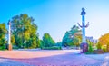 Labor Glory Park with scenic pillars-streetlights the beginning of Walk of Fame, Zaporizhzhia, Ukraine