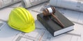 Construction, labor law concept. Judge gavel and book on project blueprint background. 3d illustration Royalty Free Stock Photo