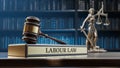 Labor Law: Judge's Gavel as a symbol of legal system, Themis is the goddess of justice and wooden stand with text Royalty Free Stock Photo