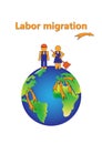 Labor migration poster, abstract man and woman are on the earth isolated on a white background vertical vector illustration