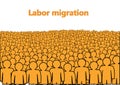 Labor migration poster, a crowd of orange abstract people isolated on a white background horizontal vector illustration