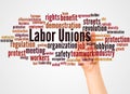 Labor unions word cloud and hand with marker concept