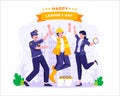 Labor workers are having fun jumping together happily. Worker, Policeman, and Teacher celebrating Labour day on 1st May