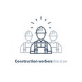 Labor workforce, construction workers group in helmet, three builders