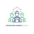 Labor workforce, construction workers group in helmet, three builders