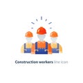 Labor workforce, construction workers group in helmet, three builders