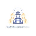 Labor workforce, construction workers group in helmet, three builders