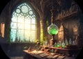 Laboratory of alchemist, desk with flasks, mysterious interior Royalty Free Stock Photo