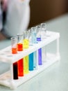 Laboratory analysis and testing. Close up test tubes with colorful reagents on background. Scientific concept with glass Royalty Free Stock Photo