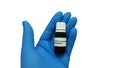 Laboratory assistant hand holding a vial of Covid-19 vaccine on a white background