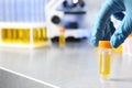 Laboratory assistant holding urine sample in container at table, closeup Royalty Free Stock Photo