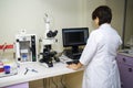 Laboratory assistant performs a blood test in a modern laboratory on the analyzer