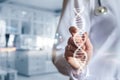 Laboratory assistant shows DNA molecule with question marks Royalty Free Stock Photo