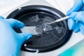 Laboratory assistant works on a rotary microtome section and making microscope slides Royalty Free Stock Photo