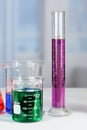 Laboratory Beakers and Graduated Cylinder on Table