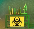 Laboratory and biohazards study, analysis with microscope and containers on a table. Viruses and bacteria Royalty Free Stock Photo