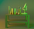 Laboratory and biohazards study, analysis with microscope and containers on a table. Viruses and bacteria